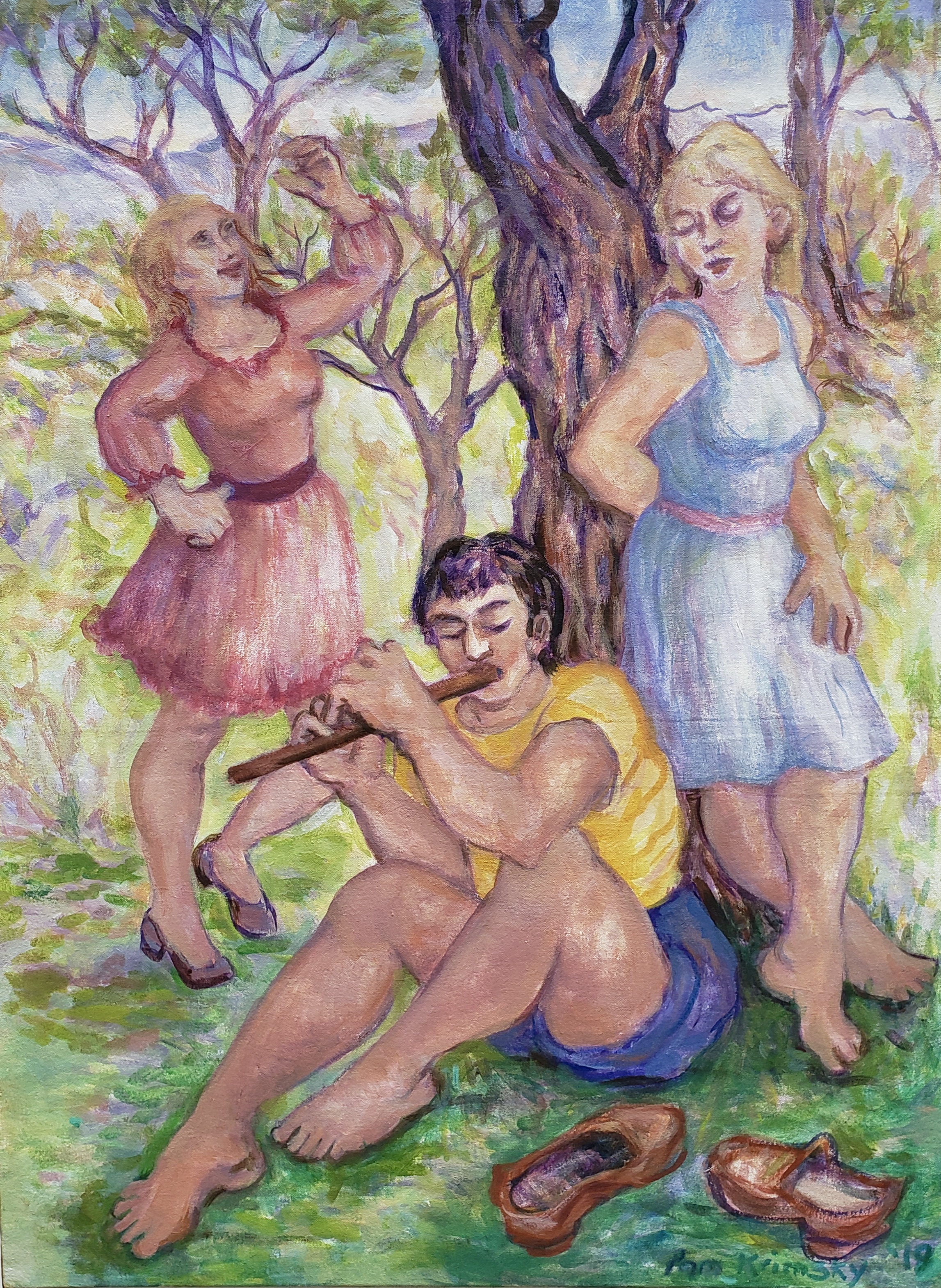 Two Young Women and a Flute Player